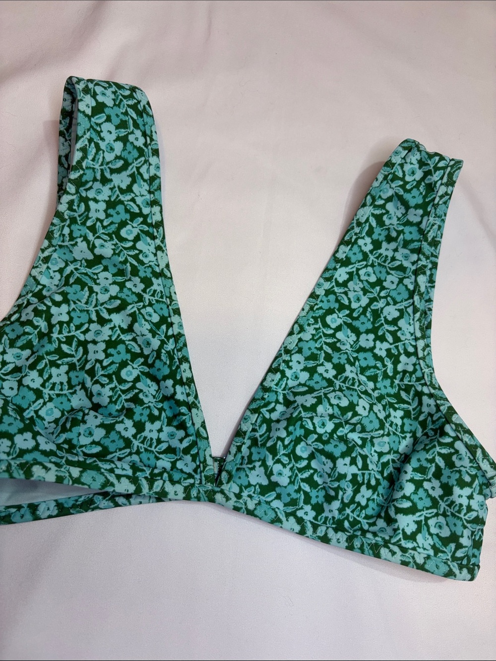 Aerie Wide Strap Voop Plunge Scoop Cut Bikini Top Blue Green Aqua Floral Print